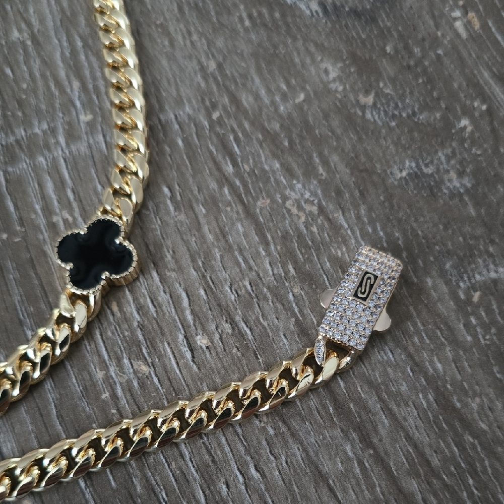 14k Gold Plated Chain Necklace with Black Clover Accents - Picture 2 of 4